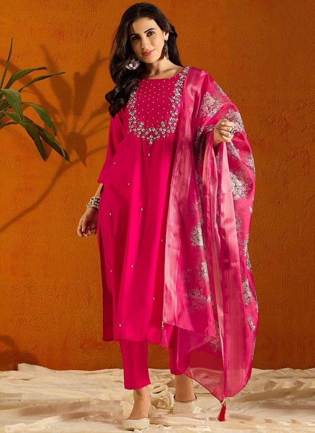 Viscose Chanderi Pink Casual Wear Sequins Work Readymade Kurti Set